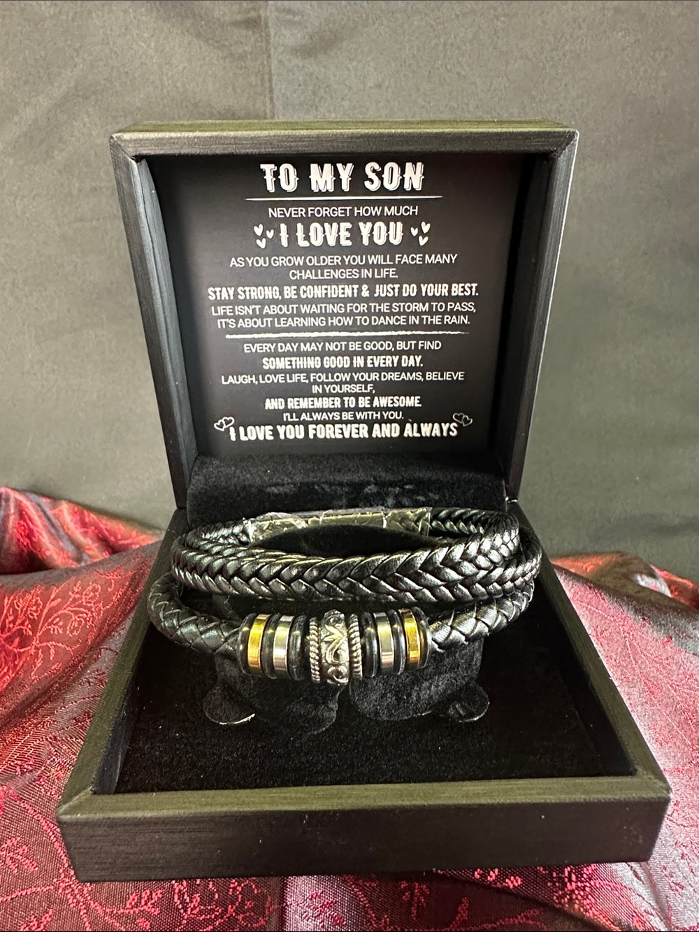 Men’s Black Braided Leather Bracelet with Metal Accents